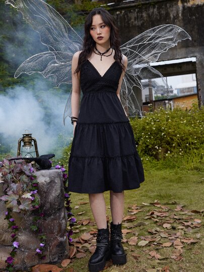 Goth Solid Bow Back Frill Cami Dress