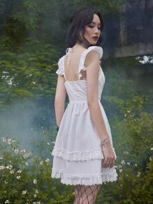 ROMWE Goth 網眼刺繡荷葉邊連衣裙不附帶緊身胸衣皮帶