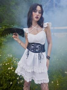 ROMWE Goth 網眼刺繡荷葉邊連衣裙不附帶緊身胸衣皮帶