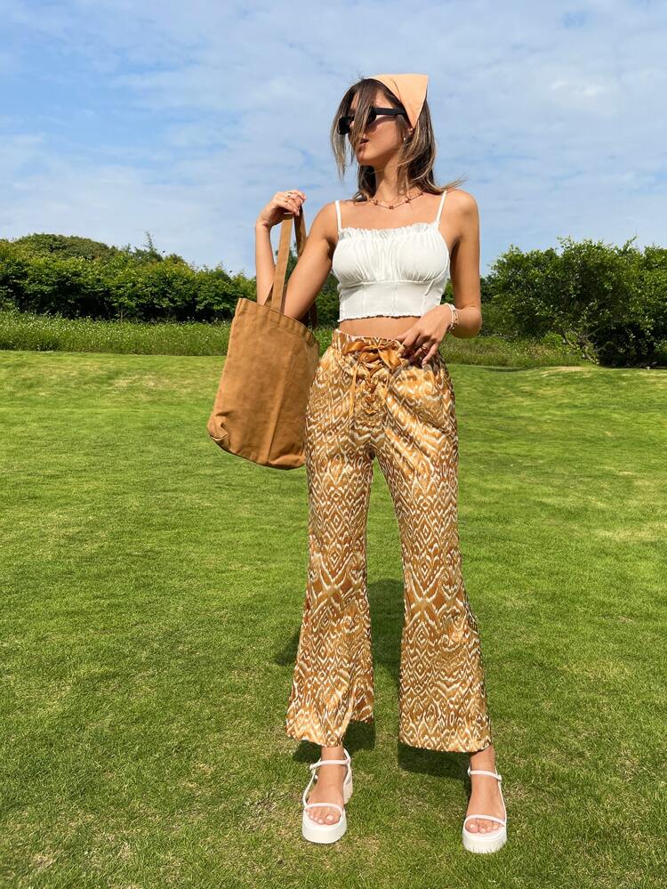 Allover Print Lace Up Front Flare Leg Pants