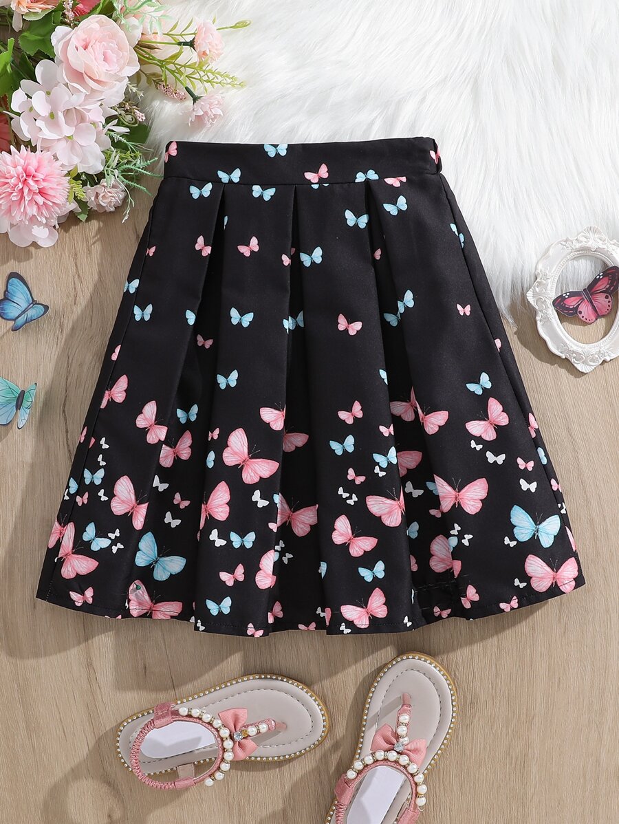 SHEIN 小女童蝴蝶圖案褶皺半身裙