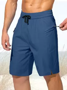 G Gradual Men Drawstring Waist Split Hem Sports Shorts With Phone Pocket - Blue - View 1