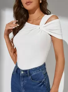 Firerie 扭結不對稱領素色T恤 - 白色 - 查看 3