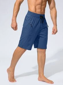 G Gradual Men Drawstring Waist Split Hem Sports Shorts With Phone Pocket - Blue - View 3