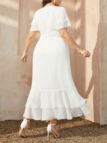 Modelyn Plus Flutter Sleeve Overlap Collar Ruched Tie Front Layered Hem Dress - White - View 2