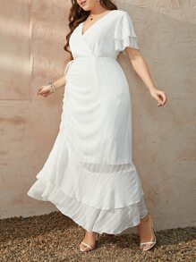 Modelyn Plus Flutter Sleeve Overlap Collar Ruched Tie Front Layered Hem Dress - White - View 3