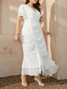 Modelyn Plus Flutter Sleeve Overlap Collar Ruched Tie Front Layered Hem Dress - White - View 4