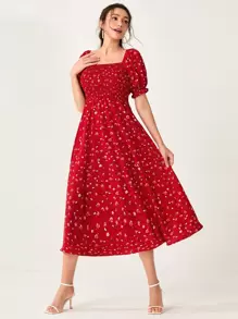 Modelyn Ditsy Floral Print Shirred Puff Sleeve Dress - Red - View 1