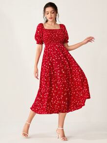 Modelyn Ditsy Floral Print Shirred Puff Sleeve Dress - Red - View 4