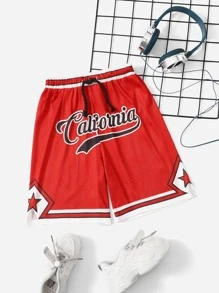 SHEIN 夏季 Tween 男童弹力腰带针织休闲运动短裤，带图案印花 - 紅色 - 查看 1