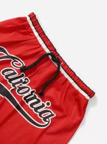 SHEIN 夏季 Tween 男童弹力腰带针织休闲运动短裤，带图案印花 - 紅色 - 查看 4