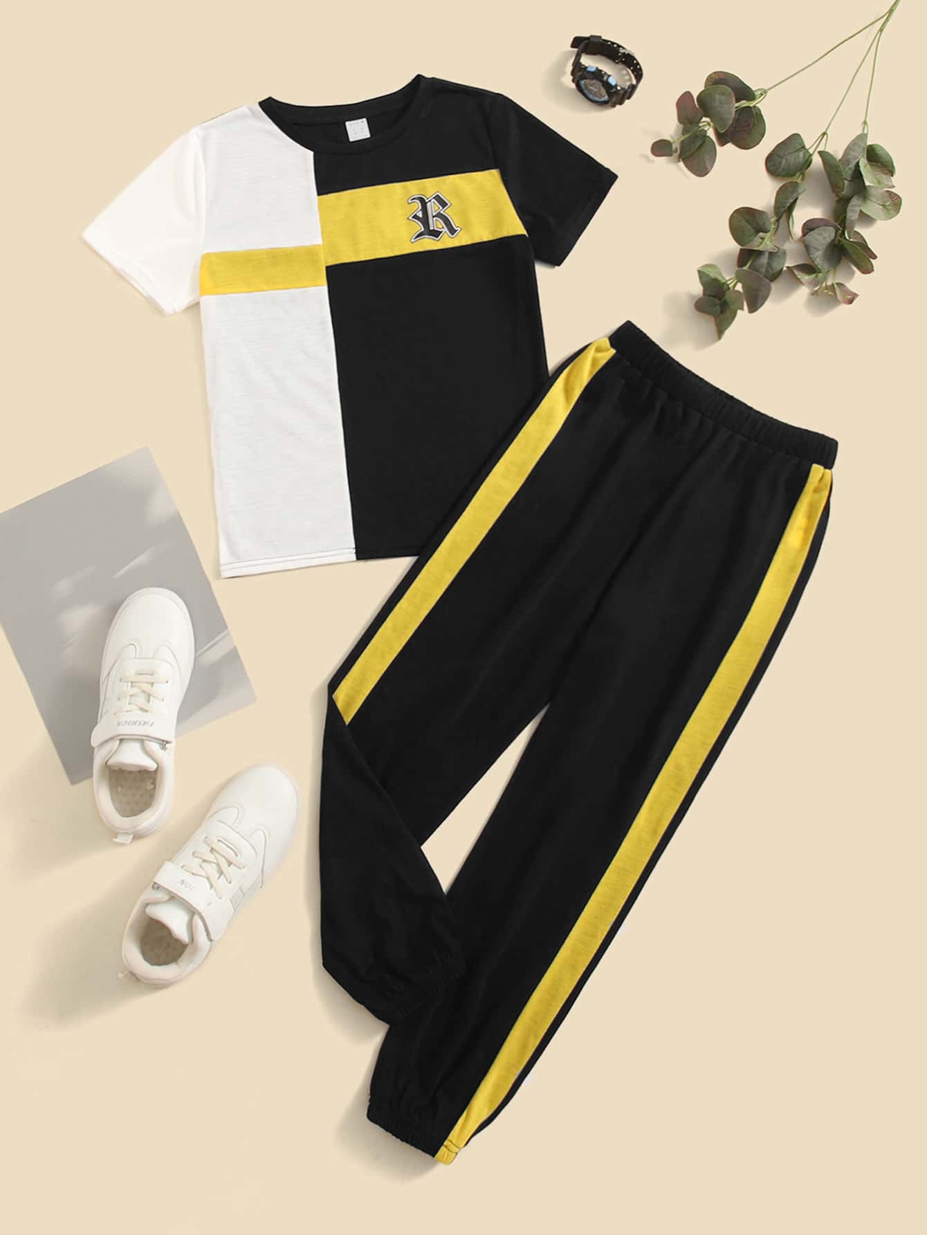 SHEIN Boys Letter Graphic Colourblock Tee & Joggers - Multicolor - View 1