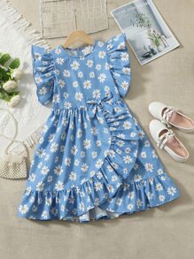 SHEIN Girls Floral Print Knot Front Ruffle Hem Dress - Blue - View 1