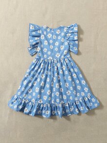 SHEIN Girls Floral Print Knot Front Ruffle Hem Dress - Blue - View 2