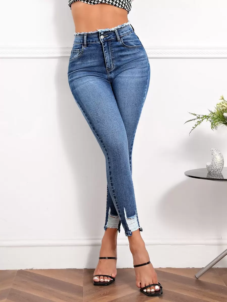 SHEIN Essnce Ripped Raw Cut Skinny Jeans - Medium Wash - View 1