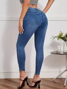 SHEIN Essnce Ripped Raw Cut Skinny Jeans - Medium Wash - View 2