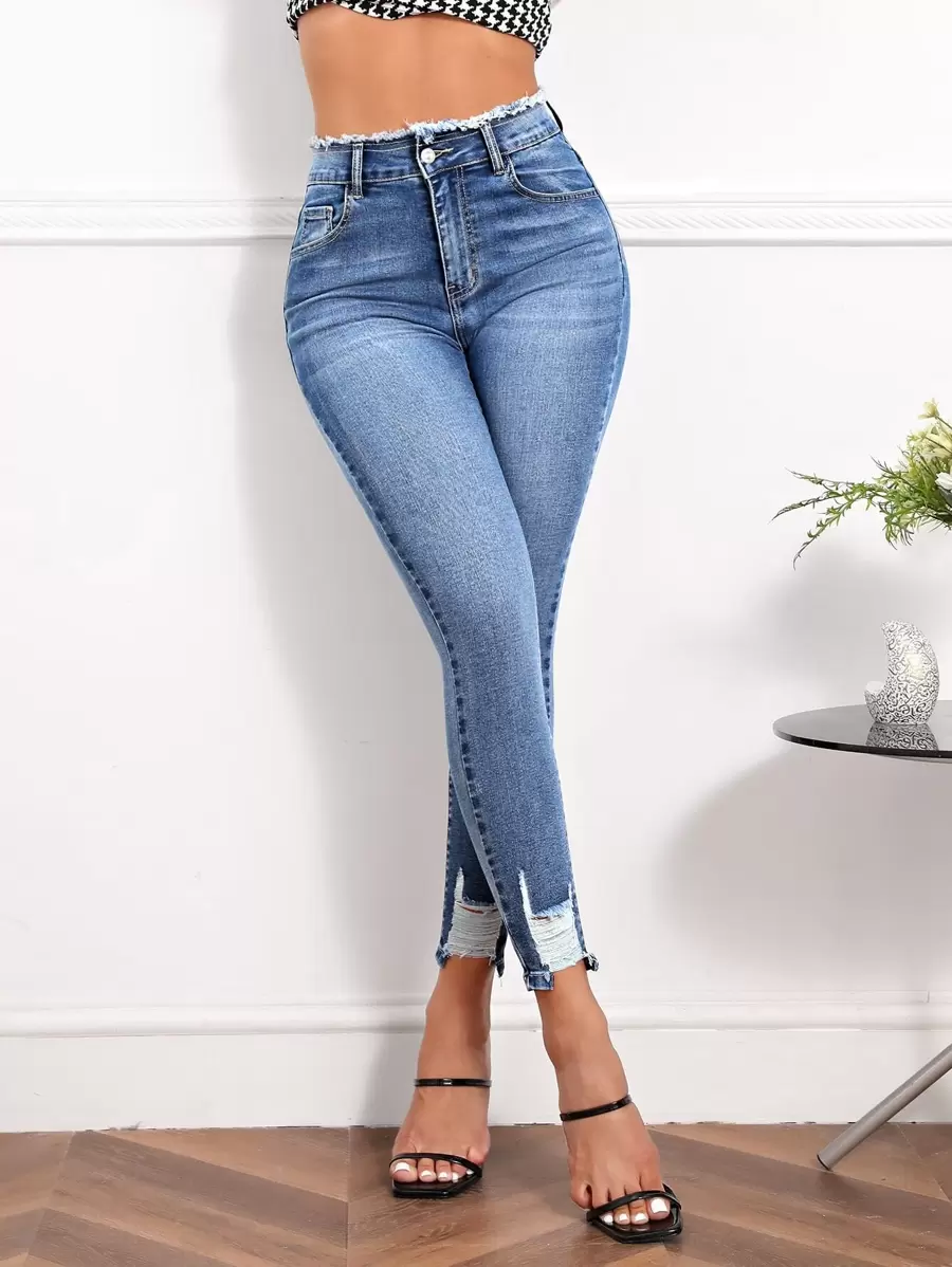 SHEIN Essnce Ripped Raw Cut Skinny Jeans - Light Wash - View 1