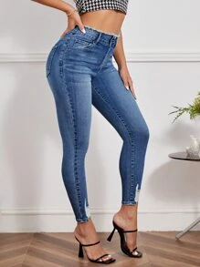 SHEIN Essnce Ripped Raw Cut Skinny Jeans - Medium Wash - View 4