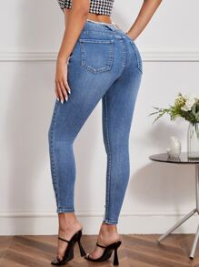 SHEIN Essnce Ripped Raw Cut Skinny Jeans - Light Wash - View 2