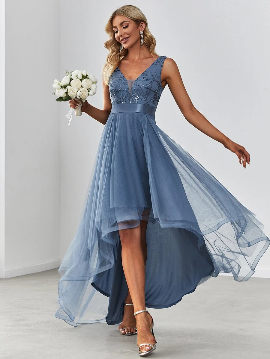 EVERPRETTY Double V Neck Sequin Bodice High Low Mesh Bridesmaid Dress - Dusty Blue - View 1