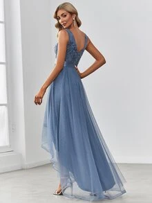 EVERPRETTY Double V Neck Sequin Bodice High Low Mesh Bridesmaid Dress - Dusty Blue - View 2