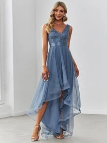 EVERPRETTY Double V Neck Sequin Bodice High Low Mesh Bridesmaid Dress - Dusty Blue - View 3