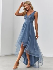 EVERPRETTY Double V Neck Sequin Bodice High Low Mesh Bridesmaid Dress - Dusty Blue - View 4
