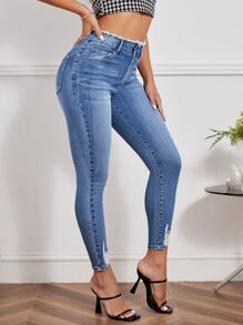 SHEIN Essnce Ripped Raw Cut Skinny Jeans - Light Wash - View 4