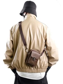 男士新款手机包疯马皮小方包韩版男士真皮单肩斜跨邮差包户外休闲迷你腰挂包带翻盖可系腰带棕色方包 - 棕色 - 查看 4