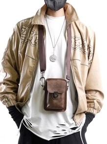 男士新款手机包疯马皮小方包韩版男士真皮单肩斜跨邮差包户外休闲迷你腰挂包带翻盖可系腰带棕色方包 - 棕色 - 查看 5