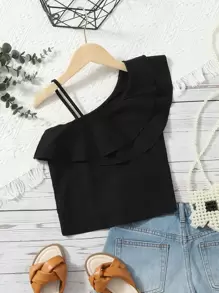Toddler Girls Layered Ruffle Trim Asymmetrical Neck Blouse - Black - View 1