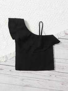 Toddler Girls Layered Ruffle Trim Asymmetrical Neck Blouse - Black - View 2