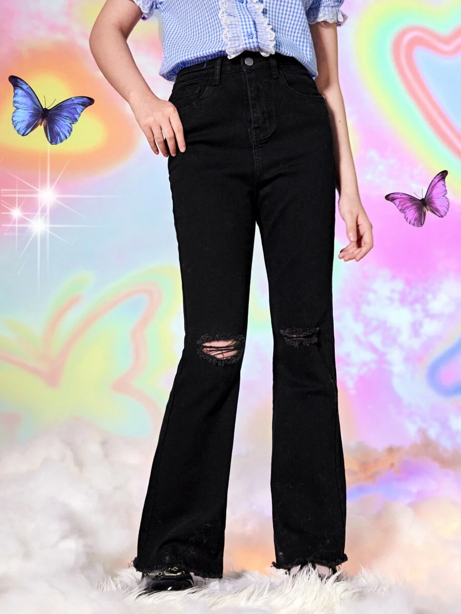 Chicas adolescentes Jeans de pierna amplia desgarro bajo crudo - Negro - Ver 1