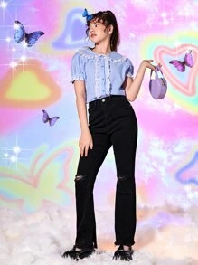 Chicas adolescentes Jeans de pierna amplia desgarro bajo crudo - Negro - Ver 5