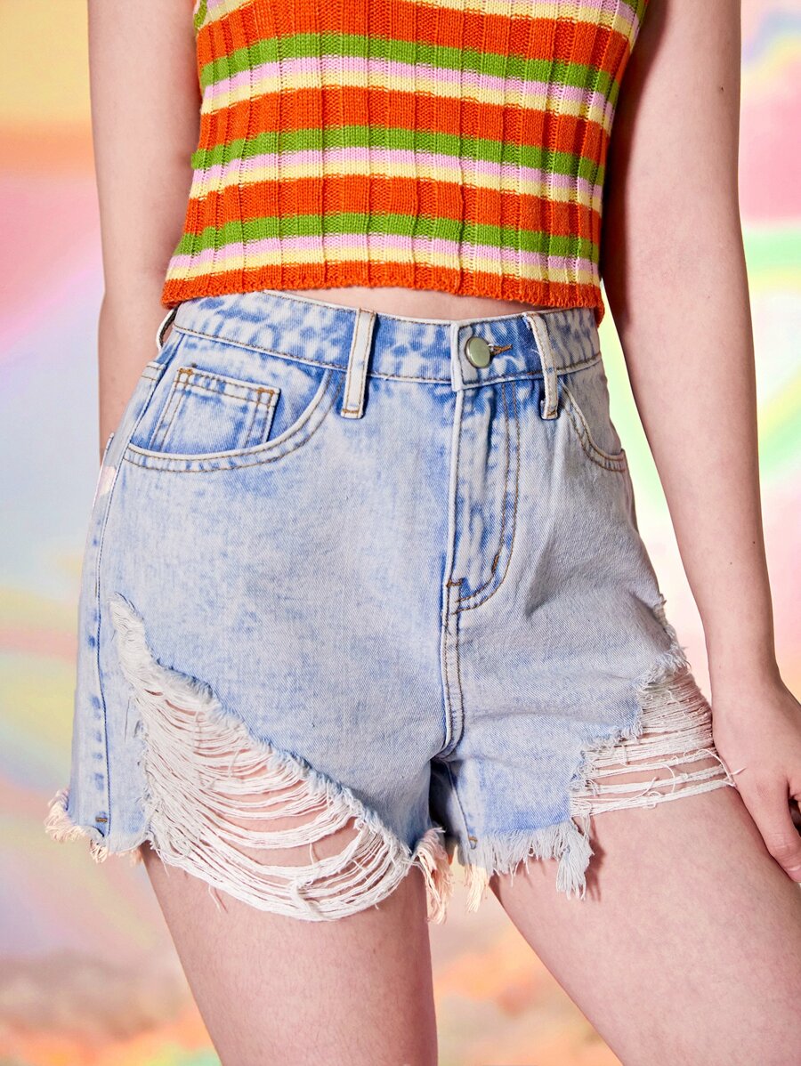 Teen Girls Ripped Raw Cut Denim Shorts - Light Wash - View 1