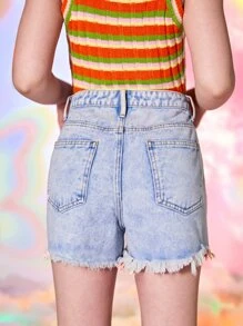 Teen Girls Ripped Raw Cut Denim Shorts - Light Wash - View 2