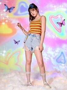 Teen Girls Ripped Raw Cut Denim Shorts - Light Wash - View 5