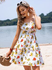 Breezaya Đầm hở lưng in hoa xếp nếp dây đeo trang phục đi biển cho nữ - trắng - Xem 2