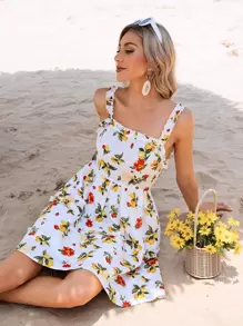 Breezaya Đầm hở lưng in hoa xếp nếp dây đeo trang phục đi biển cho nữ - trắng - Xem 3