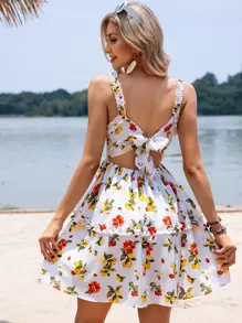 Breezaya Đầm hở lưng in hoa xếp nếp dây đeo trang phục đi biển cho nữ - trắng - Xem 1