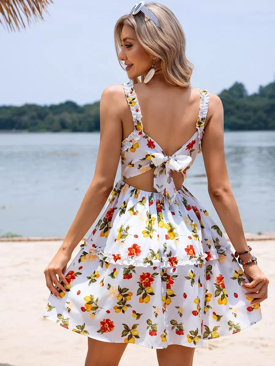Breezaya Đầm hở lưng in hoa xếp nếp dây đeo trang phục đi biển cho nữ - trắng - Xem 1