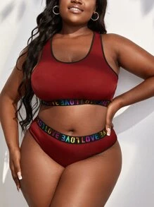 Plus Letter Tape Panel Lingerie Set - Burgundy - View 1