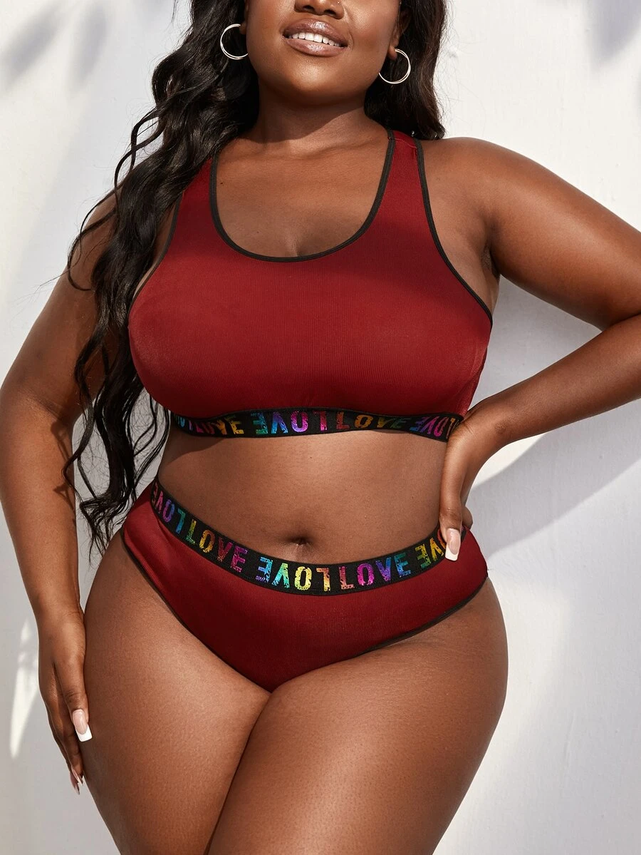 Plus Letter Tape Panel Lingerie Set - Burgundy - View 1