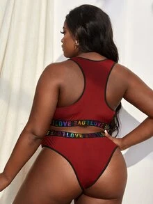Plus Letter Tape Panel Lingerie Set - Burgundy - View 2