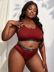 Plus Letter Tape Panel Lingerie Set - Burgundy - View 3