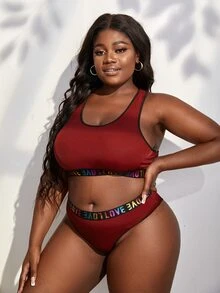 Plus Letter Tape Panel Lingerie Set - Burgundy - View 4