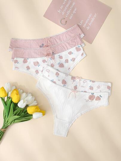 Plus 5pack Strawberry Print Bow Contrast Lace Panty