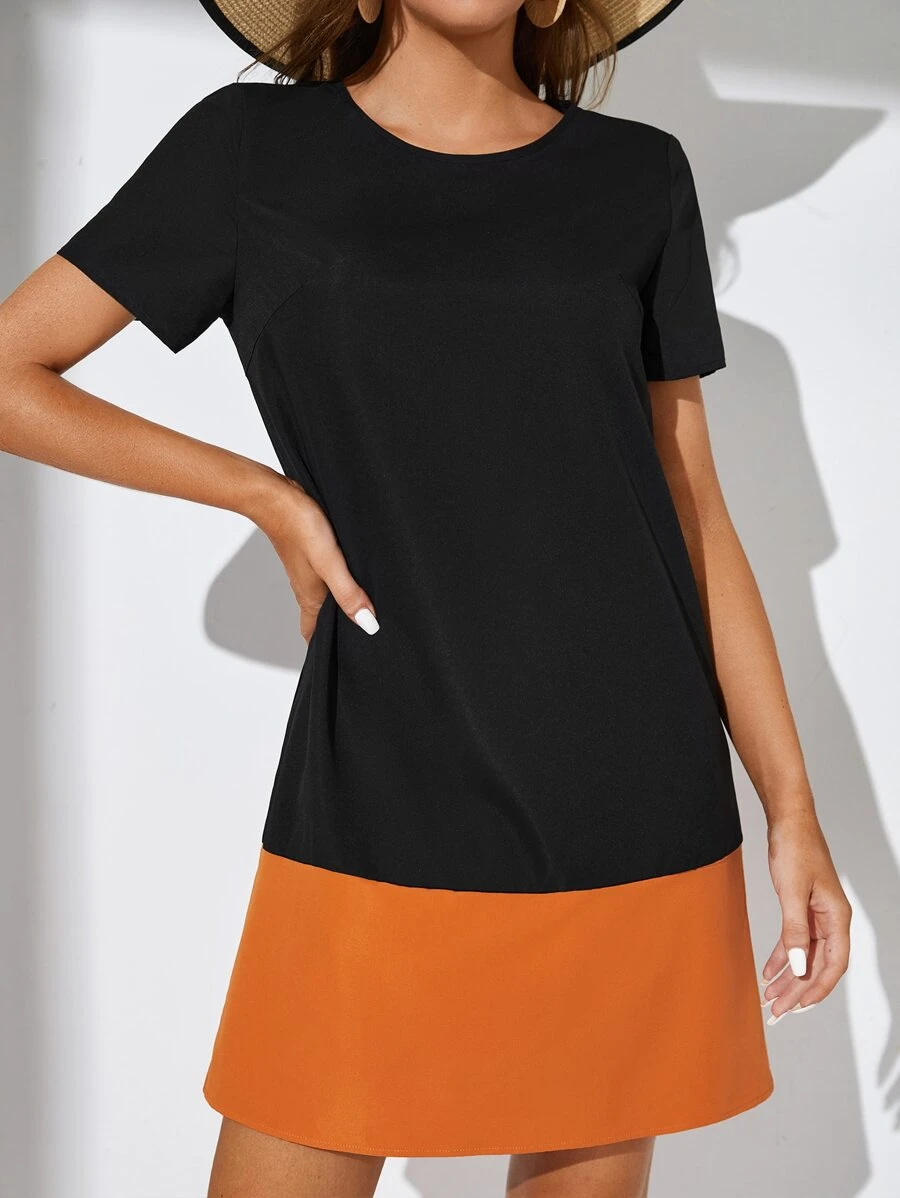 SHEIN Tall Colourblock Round Neck Tee Dress - Black - View 1