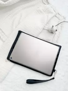 鳄鱼压纹手拿包，带腕带，优质皮革 - 黑色 - 查看 4