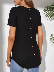 SHEIN Tall 條紋針織紐扣細節弧形下擺T恤 - 黑色 - 查看 1